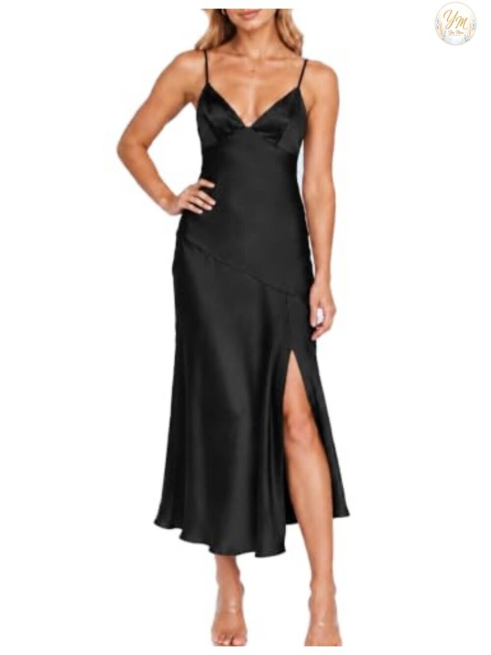Satin V Neck Midi Dress Backless Slit Spaghetti Strap Wedding Guest